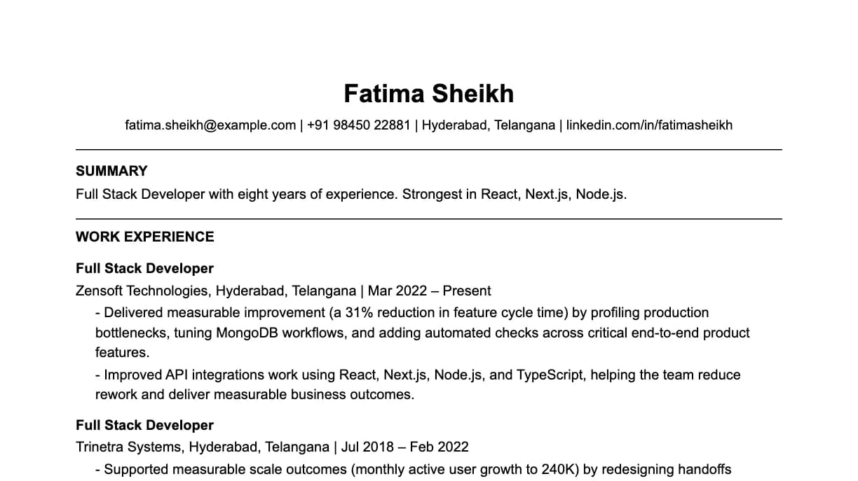 The top of a full stack developer resume: contact details, a two-line summary, and the first role with two quantified achievements.