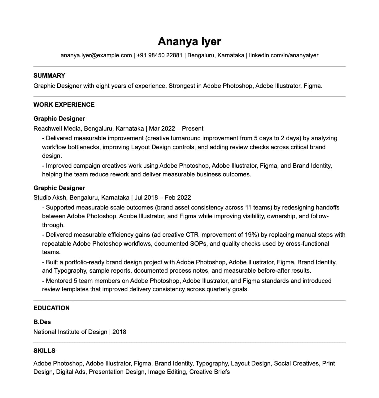 A complete one-page graphic designer resume: contact line, summary, two roles with quantified achievements, education and a skills list.