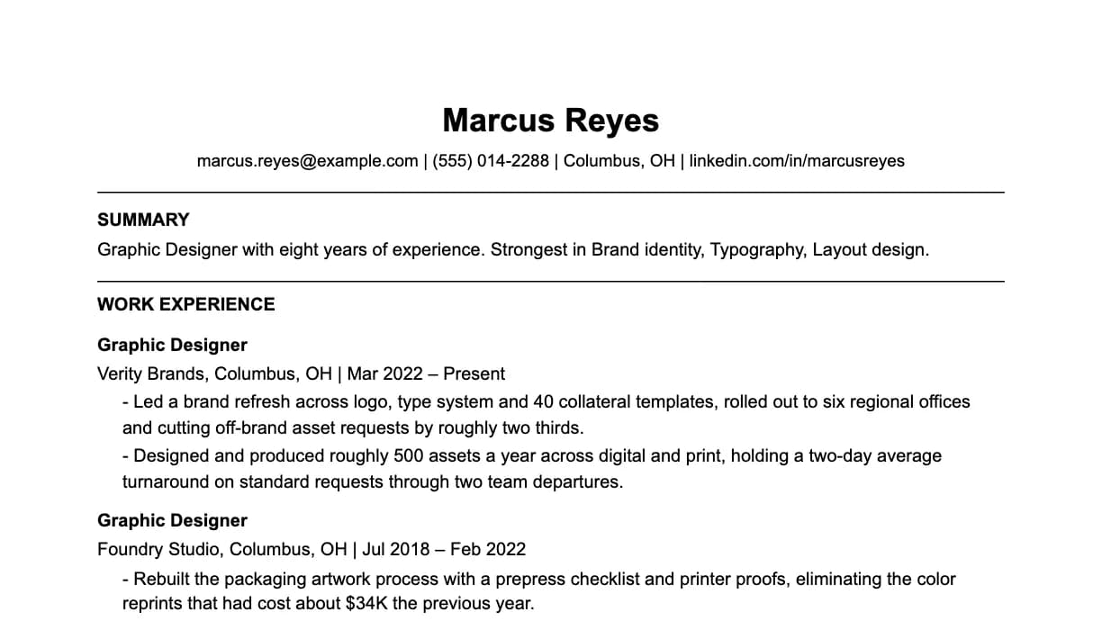 The top of a graphic designer resume: contact details, a two-line summary, and the first role with two quantified achievements.