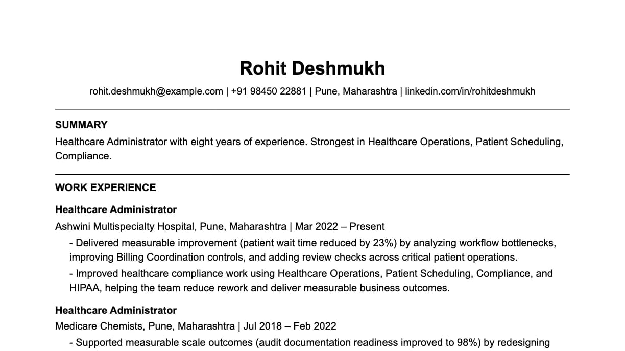 The top of a healthcare administrator resume: contact details, a two-line summary, and the first role with two quantified achievements.