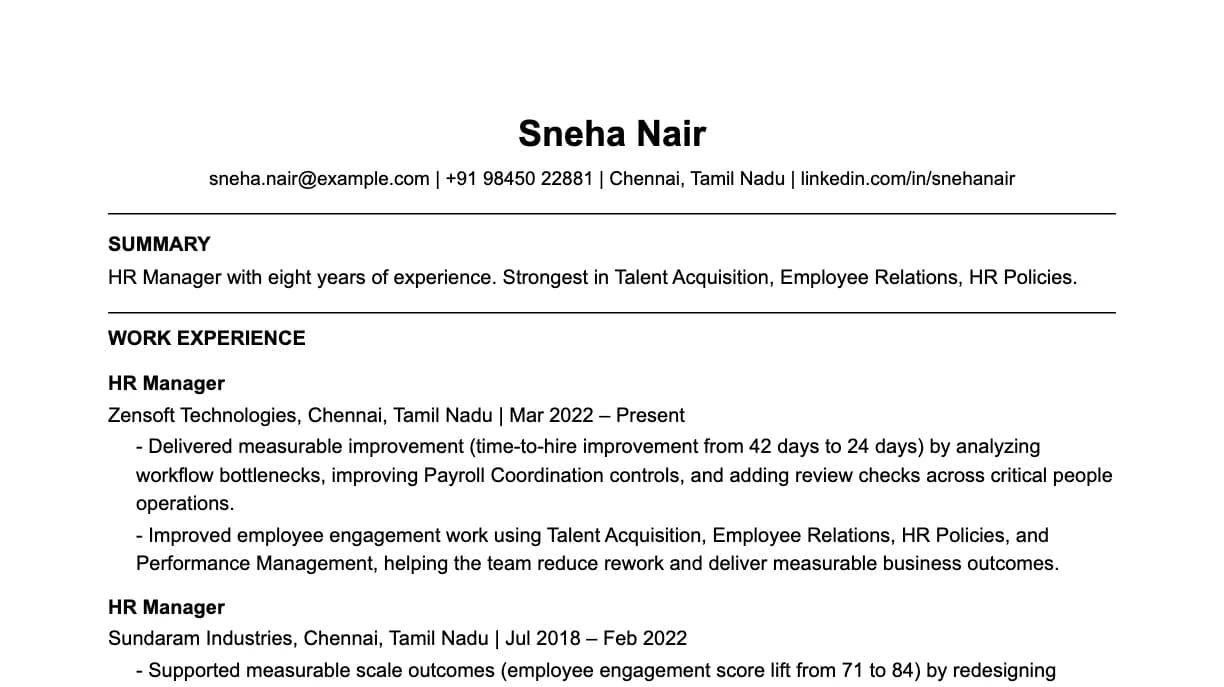 The top of a hr manager resume: contact details, a two-line summary, and the first role with two quantified achievements.