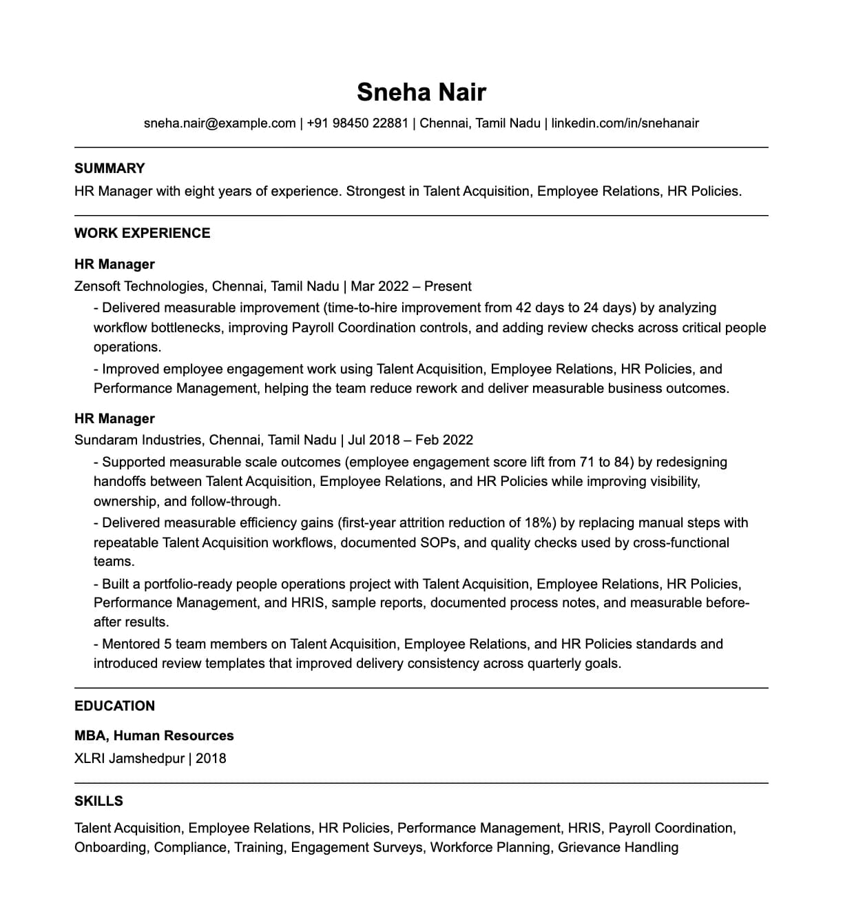 A complete one-page hr manager resume: contact line, summary, two roles with quantified achievements, education and a skills list.