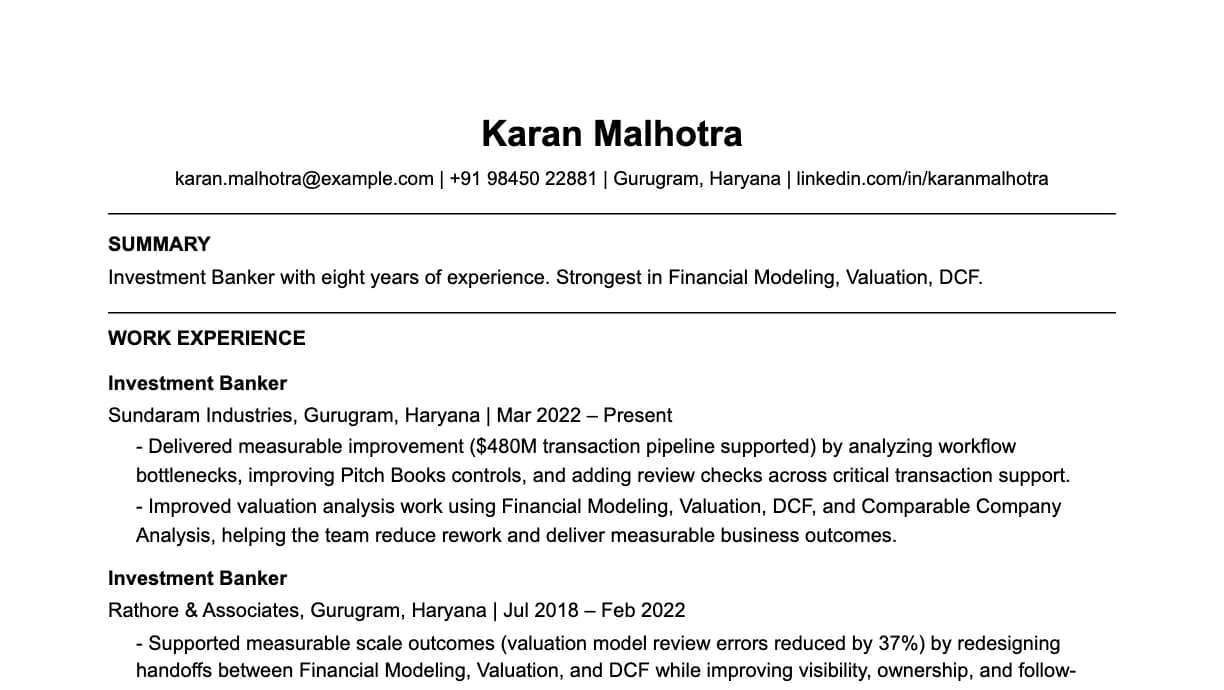 The top of a investment banker resume: contact details, a two-line summary, and the first role with two quantified achievements.