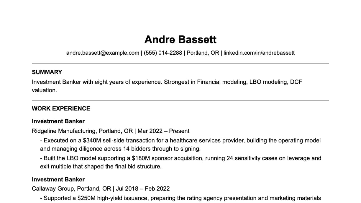 The top of an investment banker resume: contact details, a two-line summary, and the first role with two quantified achievements.