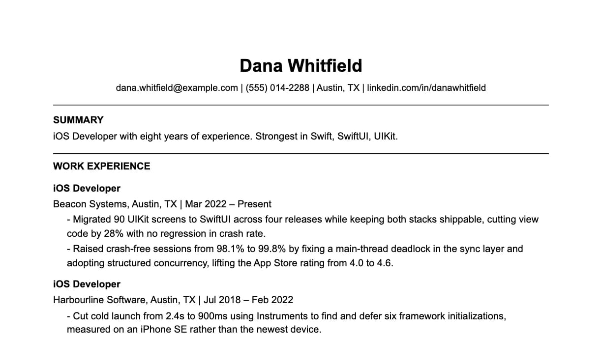 The top of an iOS developer resume: contact details, a two-line summary, and the first role with two quantified achievements.