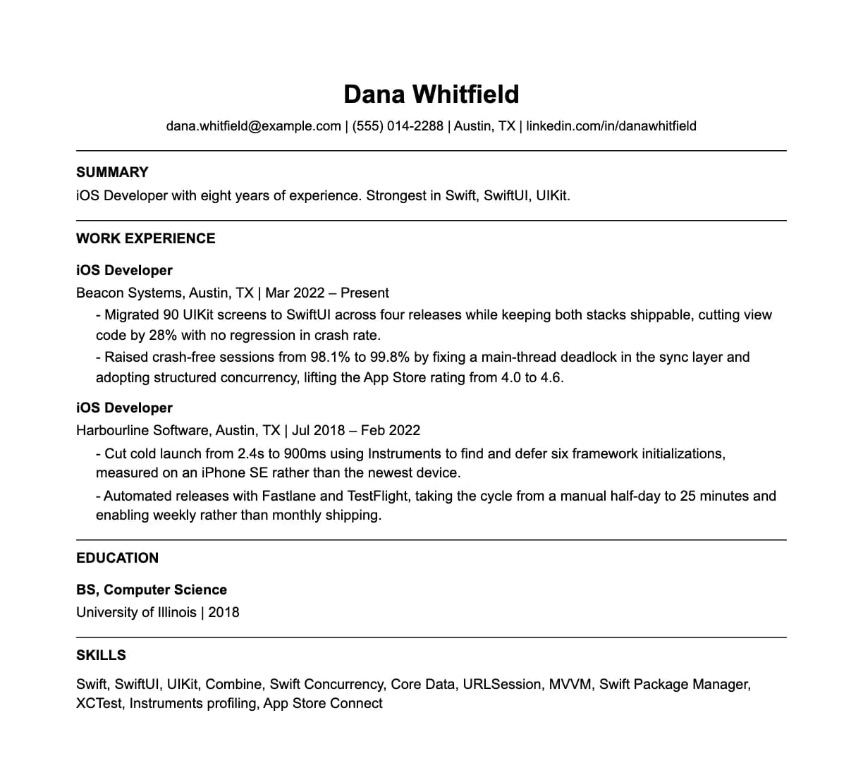 A complete one-page ios developer resume: contact line, summary, two roles with quantified achievements, education and a skills list.