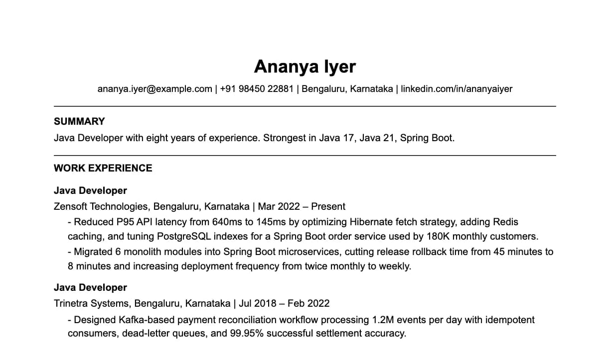 The top of a java developer resume: contact details, a two-line summary, and the first role with two quantified achievements.