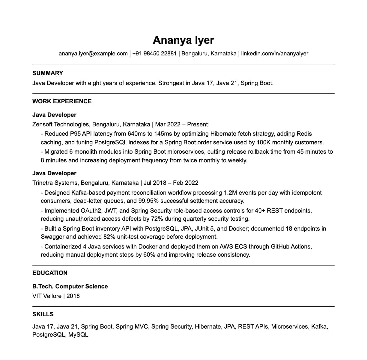 A complete one-page java developer resume: contact line, summary, two roles with quantified achievements, education and a skills list.