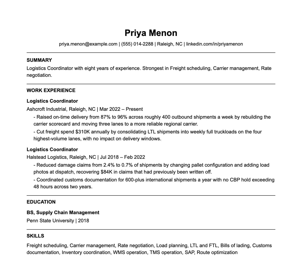 A complete one-page logistics coordinator resume: contact line, summary, two roles with quantified achievements, education and a skills list.