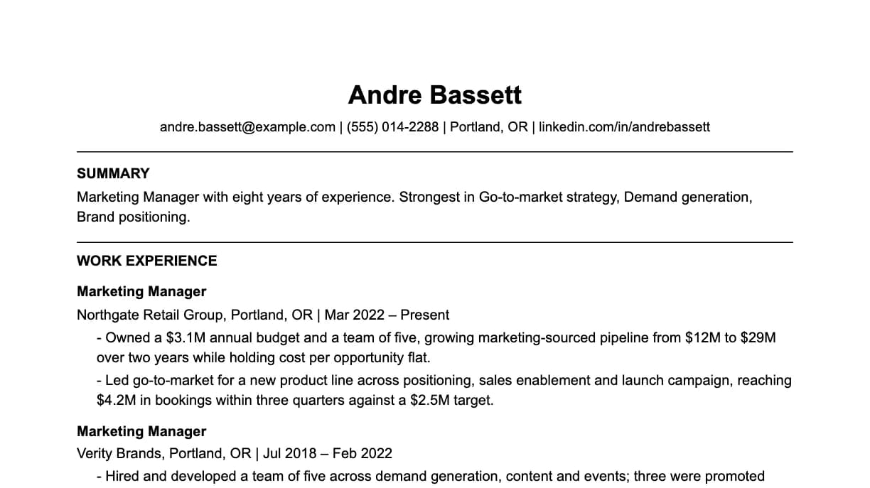 The top of a marketing manager resume: contact details, a two-line summary, and the first role with two quantified achievements.