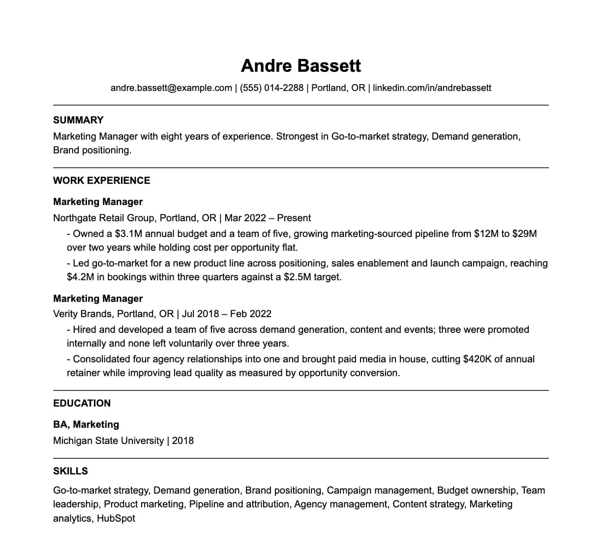 A complete one-page marketing manager resume: contact line, summary, two roles with quantified achievements, education and a skills list.