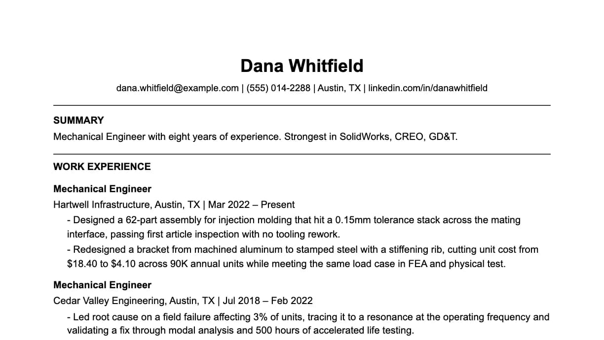 The top of a mechanical engineer resume: contact details, a two-line summary, and the first role with two quantified achievements.