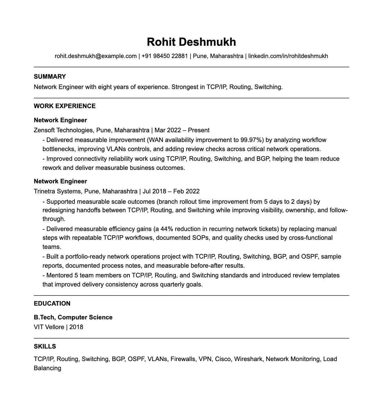A complete one-page network engineer resume: contact line, summary, two roles with quantified achievements, education and a skills list.