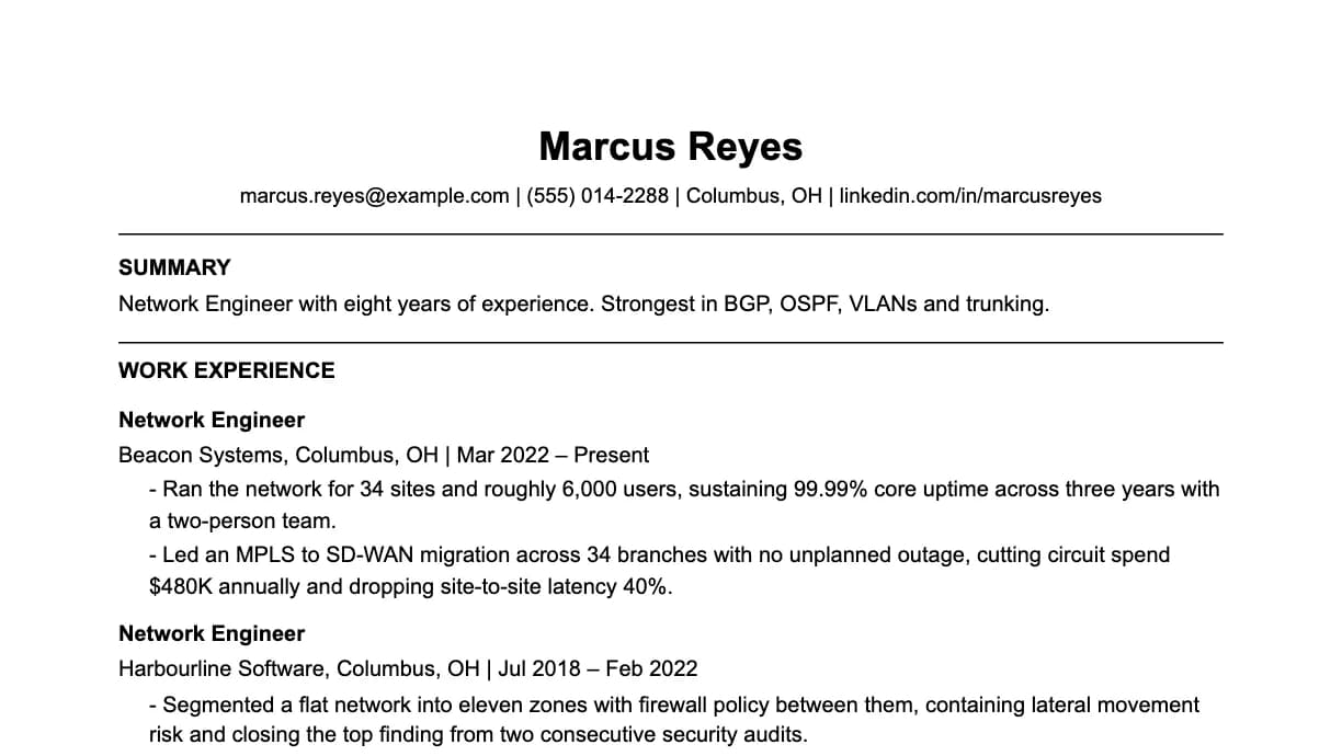The top of a network engineer resume: contact details, a two-line summary, and the first role with two quantified achievements.