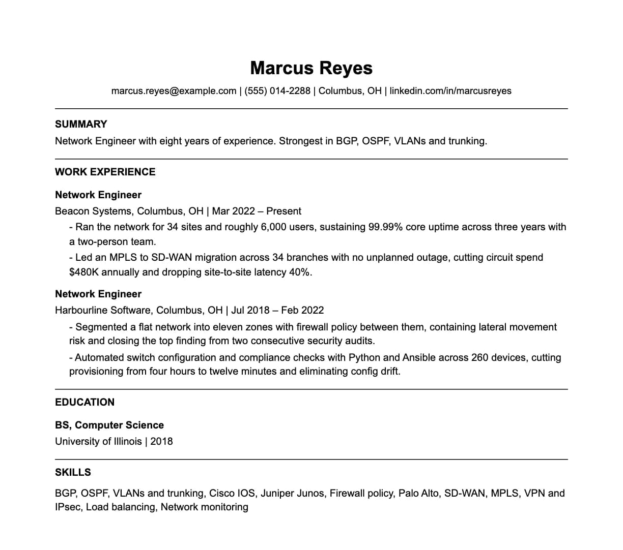 A complete one-page network engineer resume: contact line, summary, two roles with quantified achievements, education and a skills list.