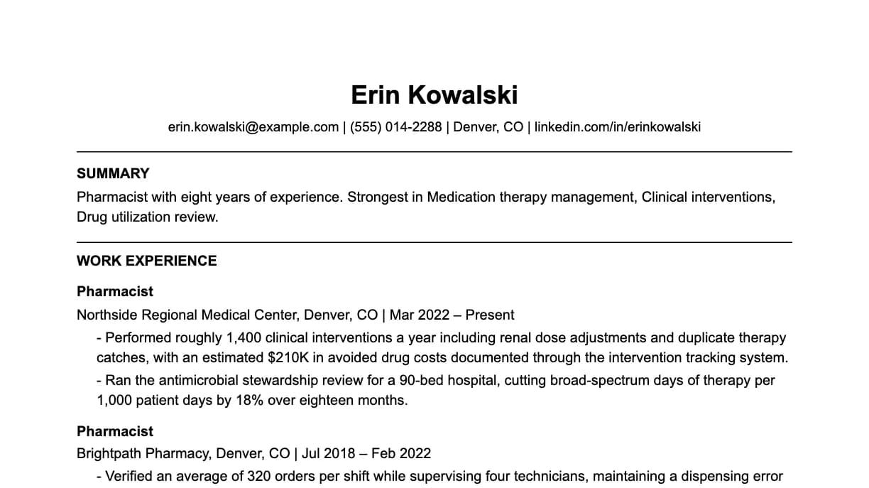 The top of a pharmacist resume: contact details, a two-line summary, and the first role with two quantified achievements.