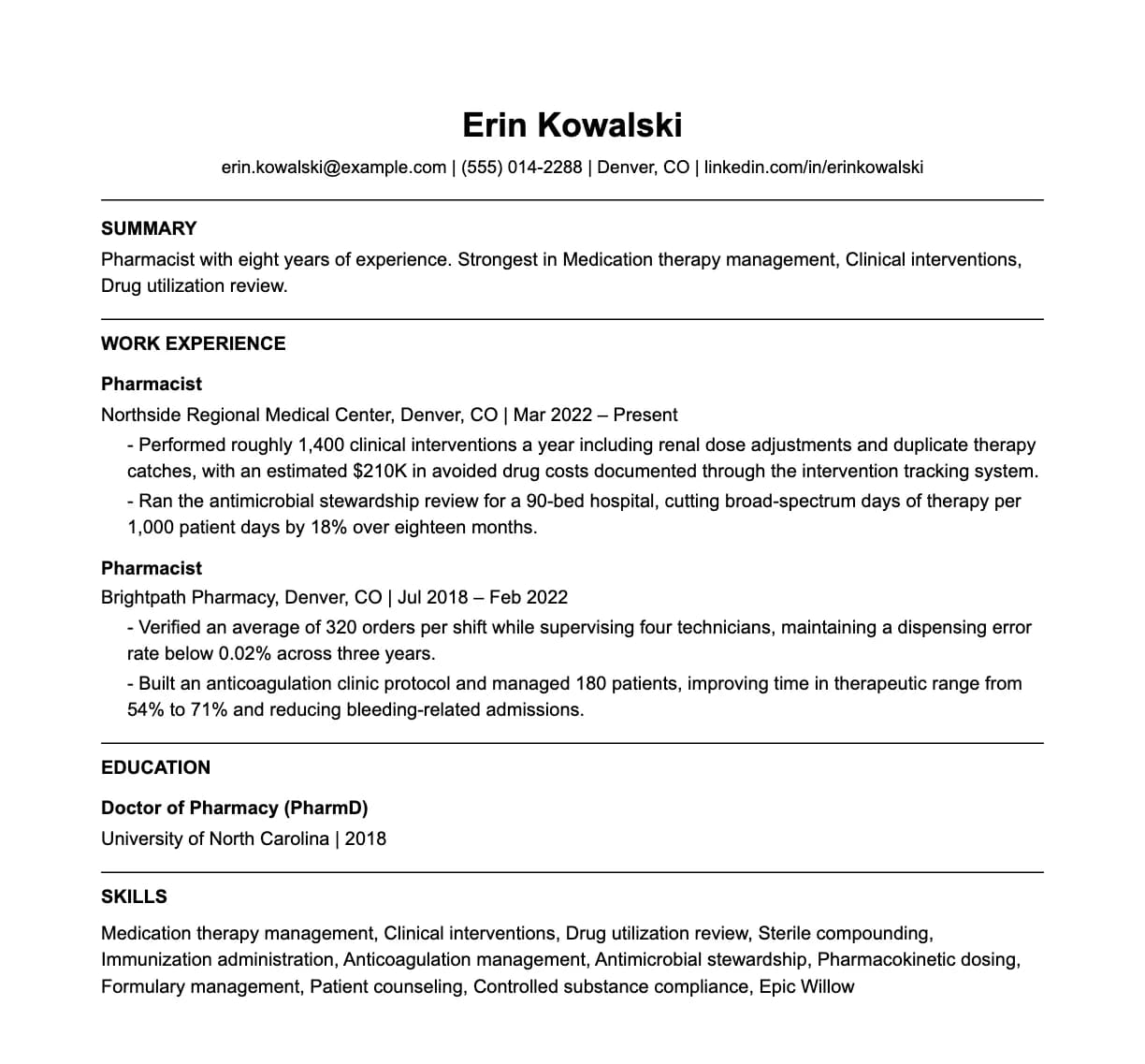 A complete one-page pharmacist resume: contact line, summary, two roles with quantified achievements, education and a skills list.