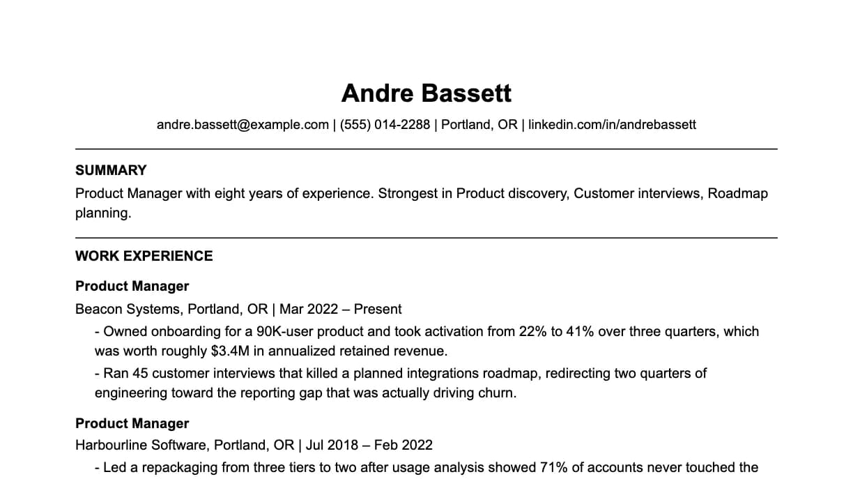 The top of a product manager resume: contact details, a two-line summary, and the first role with two quantified achievements.