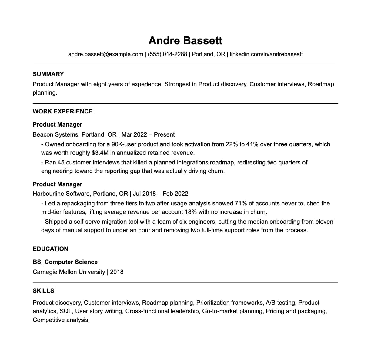 A complete one-page product manager resume: contact line, summary, two roles with quantified achievements, education and a skills list.