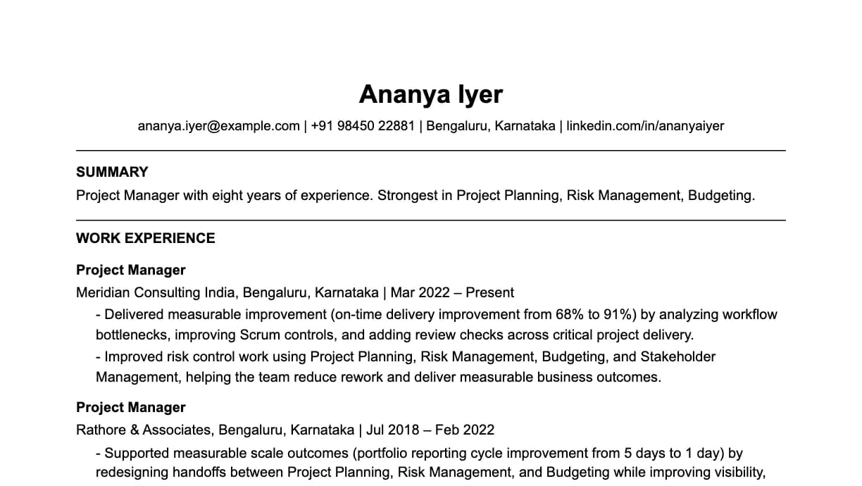 The top of a project manager resume: contact details, a two-line summary, and the first role with two quantified achievements.
