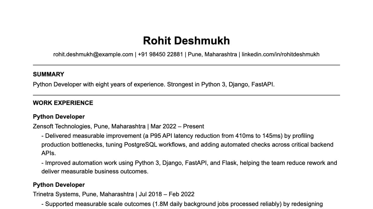 The top of a python developer resume: contact details, a two-line summary, and the first role with two quantified achievements.
