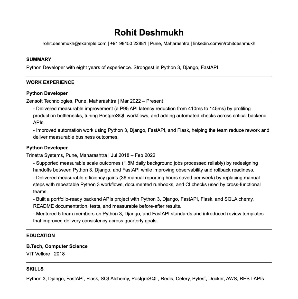 A complete one-page python developer resume: contact line, summary, two roles with quantified achievements, education and a skills list.