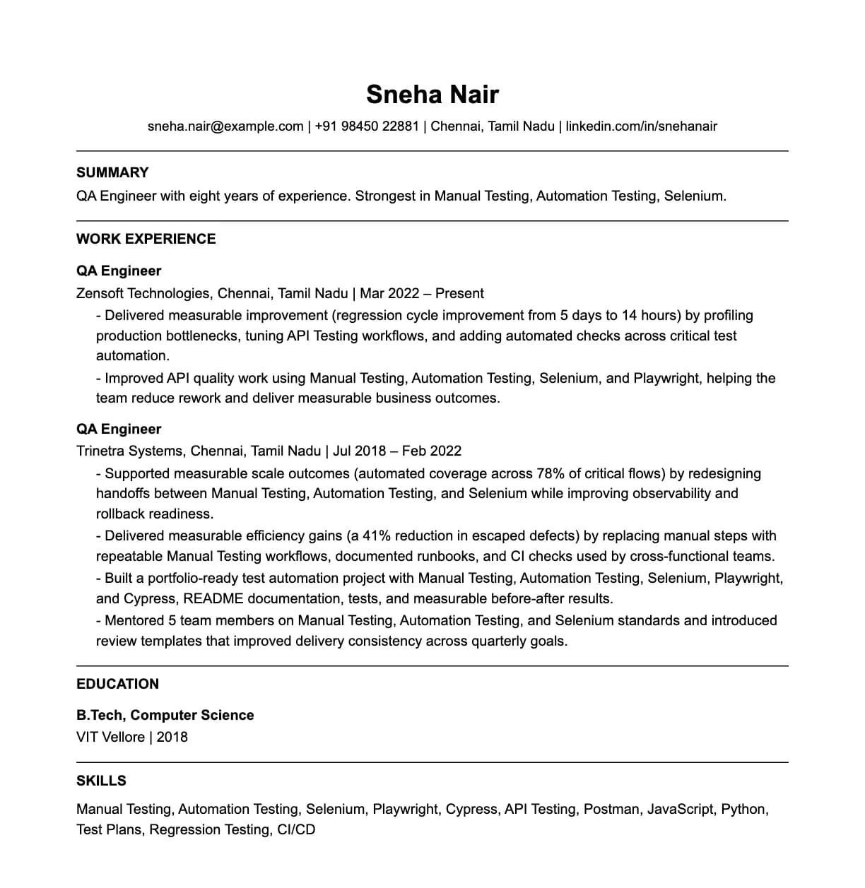 A complete one-page qa engineer resume: contact line, summary, two roles with quantified achievements, education and a skills list.