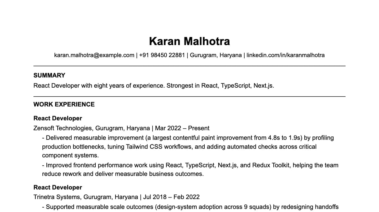The top of a react developer resume: contact details, a two-line summary, and the first role with two quantified achievements.