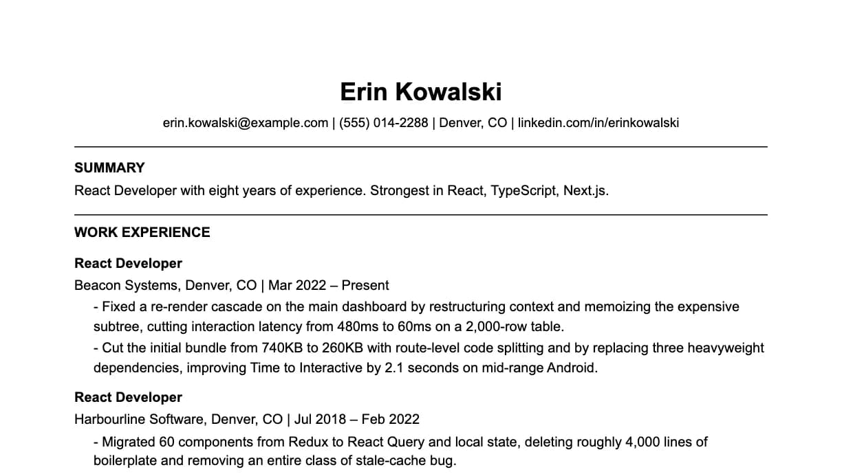 The top of a react developer resume: contact details, a two-line summary, and the first role with two quantified achievements.