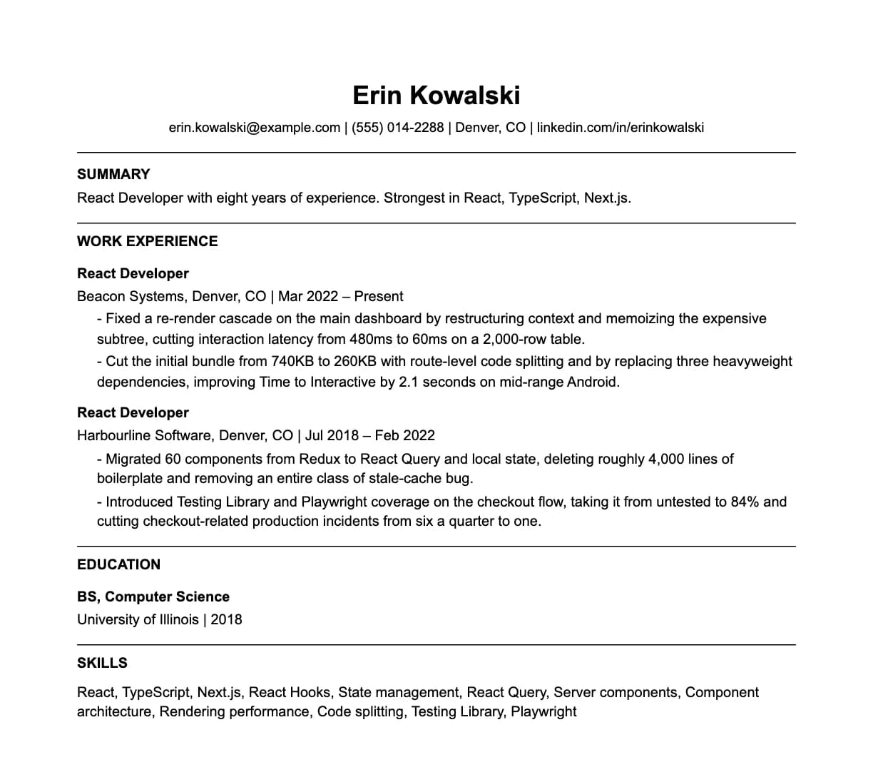 A complete one-page react developer resume: contact line, summary, two roles with quantified achievements, education and a skills list.