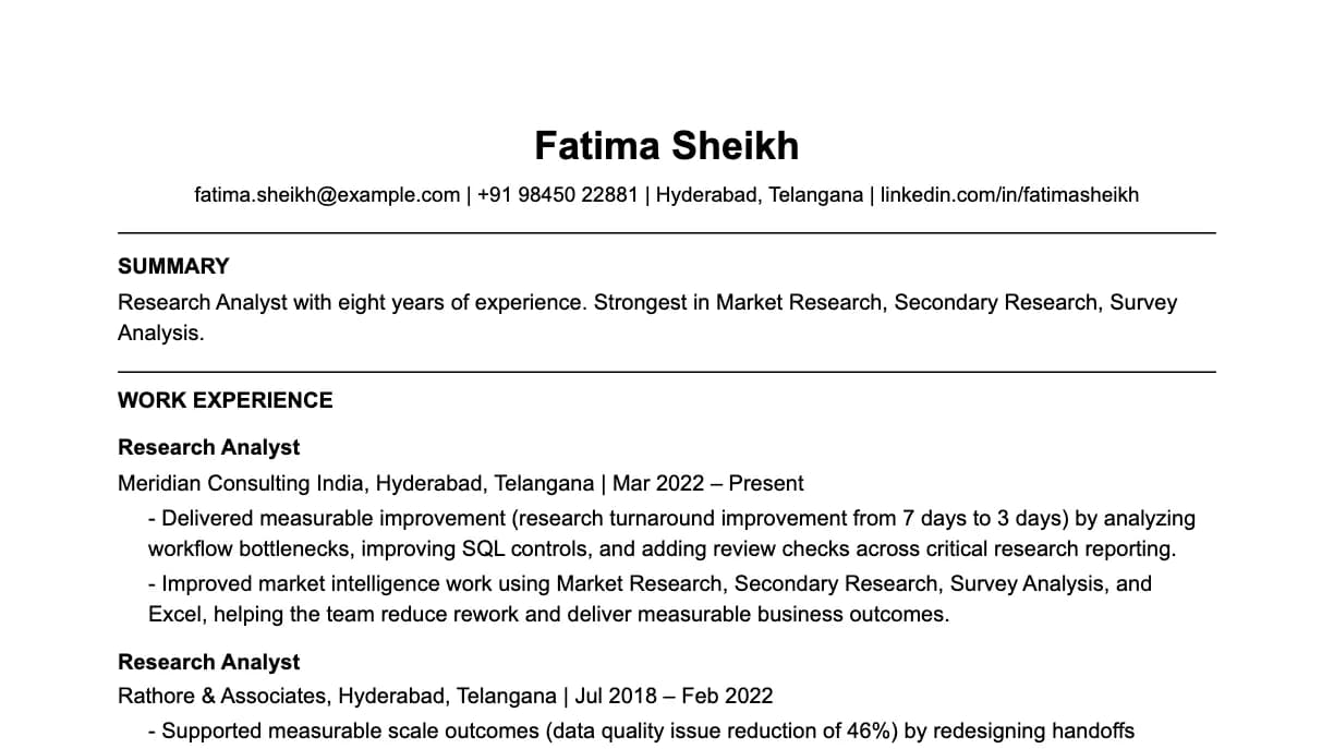 The top of a research analyst resume: contact details, a two-line summary, and the first role with two quantified achievements.