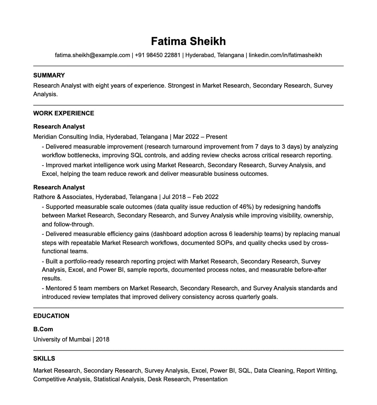 A complete one-page research analyst resume: contact line, summary, two roles with quantified achievements, education and a skills list.