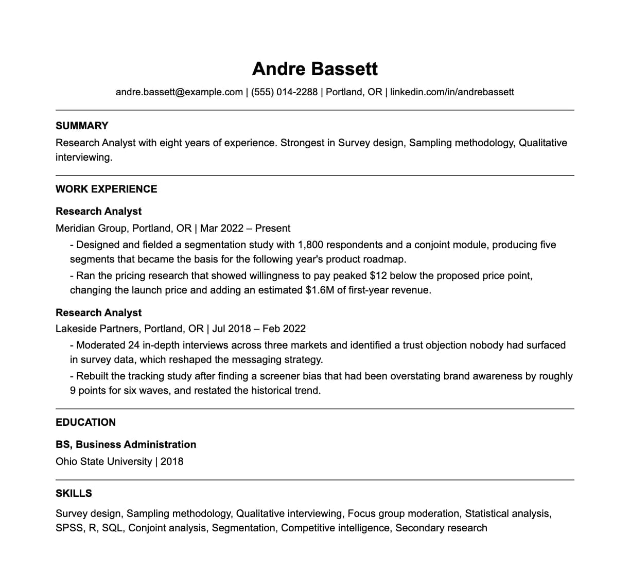 A complete one-page research analyst resume: contact line, summary, two roles with quantified achievements, education and a skills list.