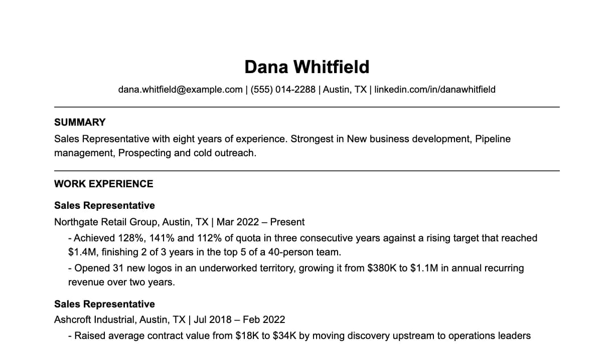 The top of a sales representative resume: contact details, a two-line summary, and the first role with two quantified achievements.