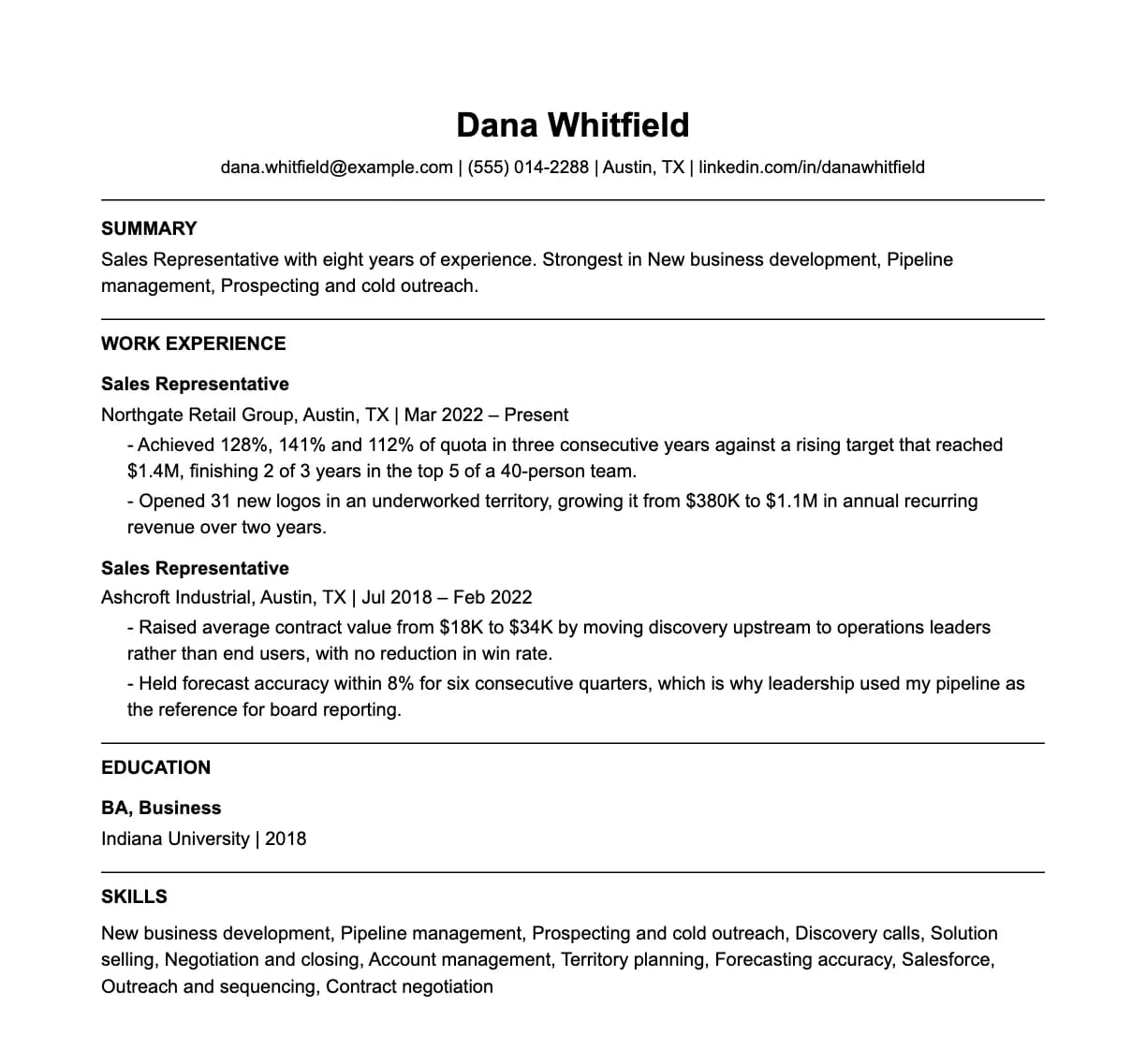 A complete one-page sales representative resume: contact line, summary, two roles with quantified achievements, education and a skills list.