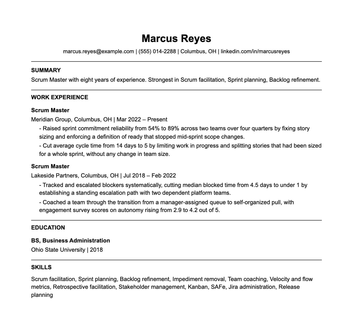 A complete one-page scrum master resume: contact line, summary, two roles with quantified achievements, education and a skills list.