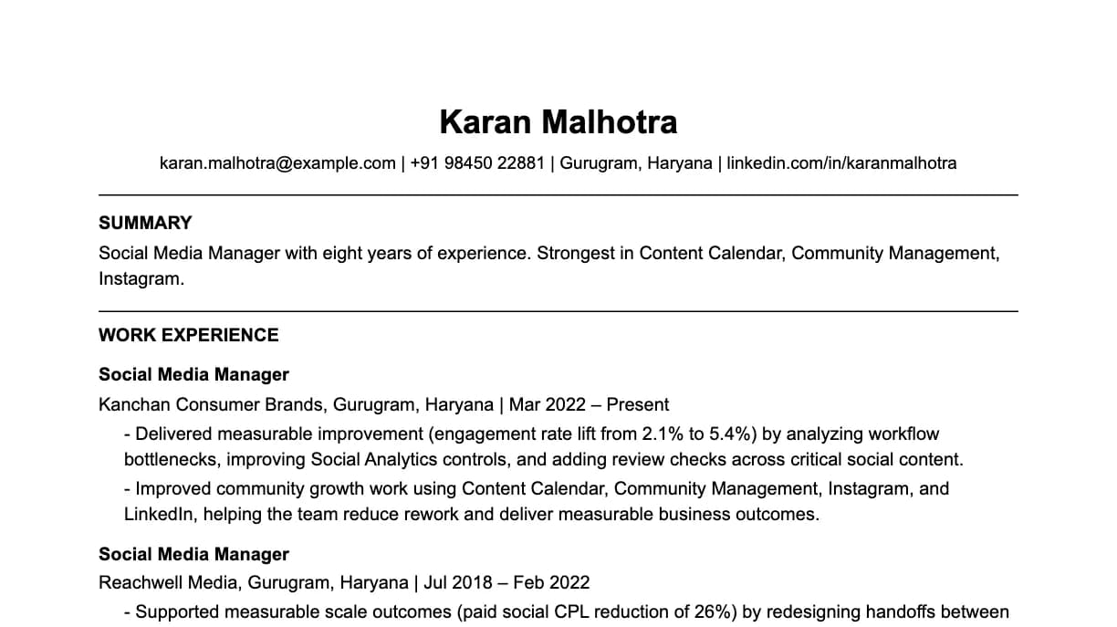 The top of a social media manager resume: contact details, a two-line summary, and the first role with two quantified achievements.