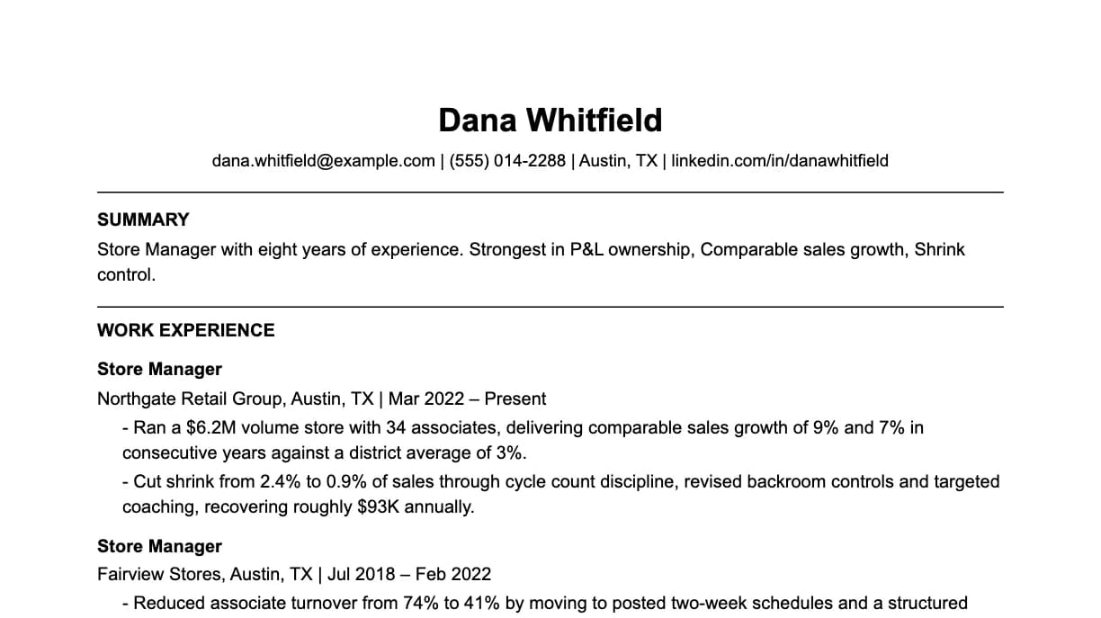 The top of a store manager resume: contact details, a two-line summary, and the first role with two quantified achievements.