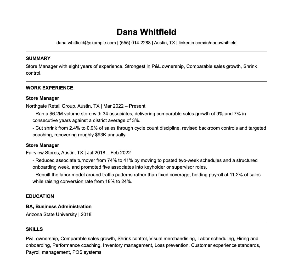 A complete one-page store manager resume: contact line, summary, two roles with quantified achievements, education and a skills list.