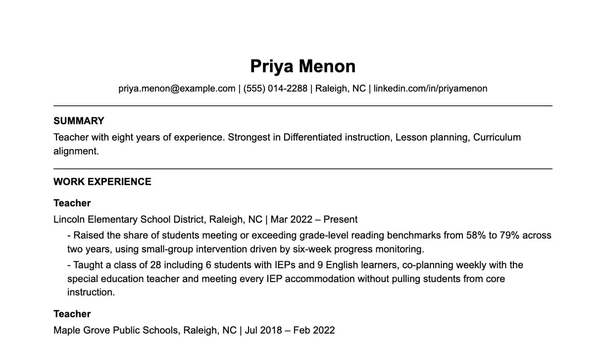 The top of a teacher resume: contact details, a two-line summary, and the first role with two quantified achievements.