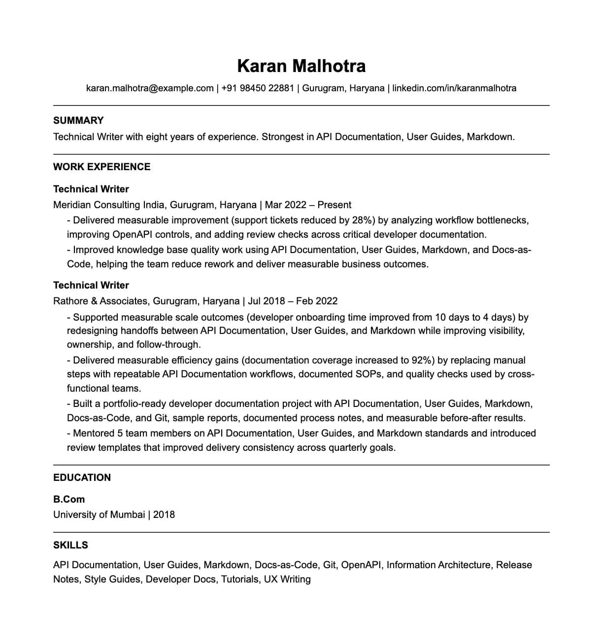 A complete one-page technical writer resume: contact line, summary, two roles with quantified achievements, education and a skills list.