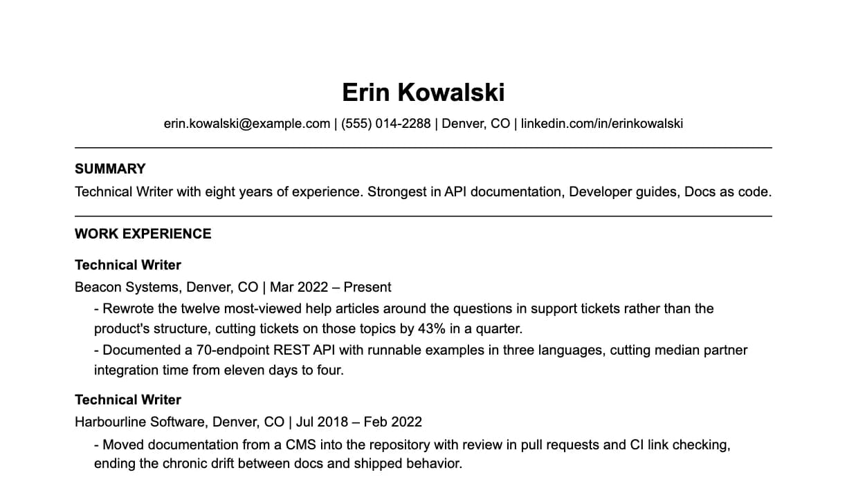 The top of a technical writer resume: contact details, a two-line summary, and the first role with two quantified achievements.