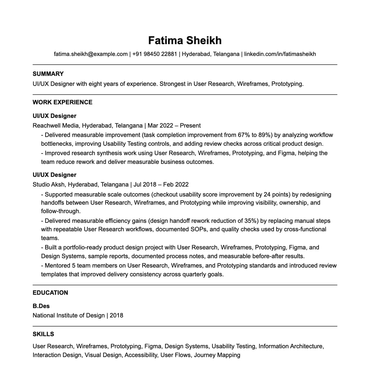 A complete one-page ui/ux designer resume: contact line, summary, two roles with quantified achievements, education and a skills list.