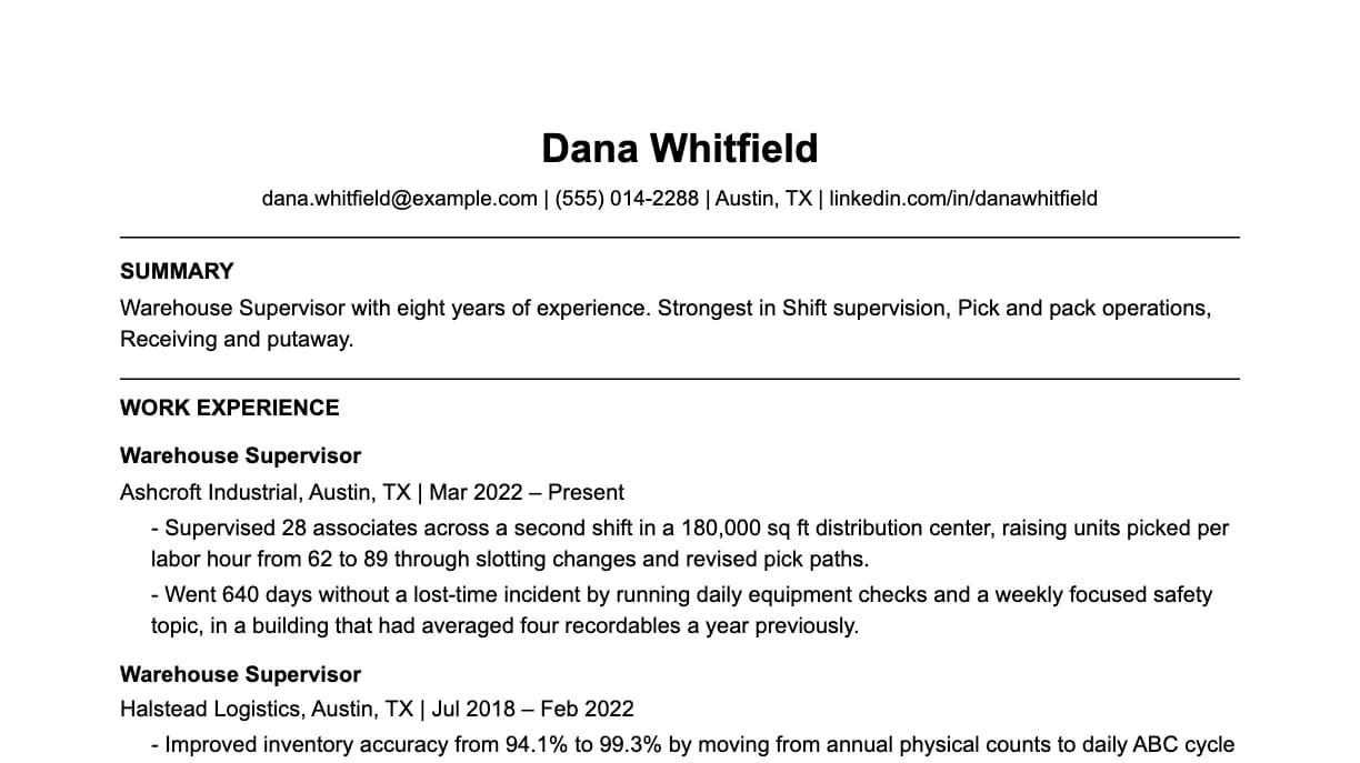 The top of a warehouse supervisor resume: contact details, a two-line summary, and the first role with two quantified achievements.