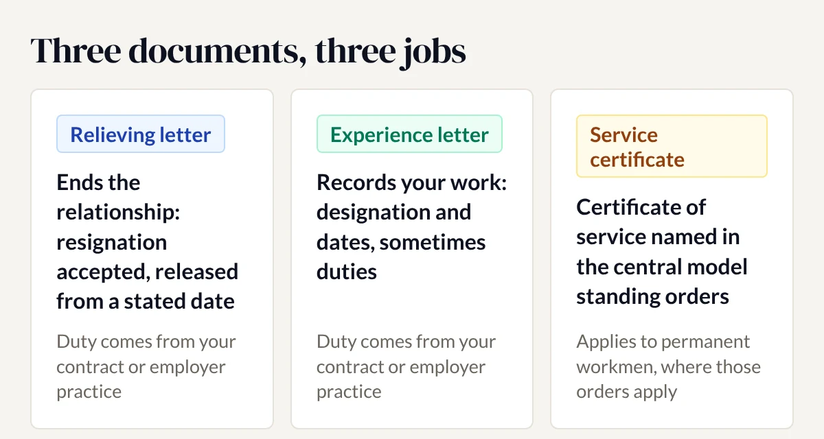 Three cards comparing a relieving letter (ends the relationship), an experience letter (records your work) and a service certificate (named in the central model standing orders for permanent workmen)